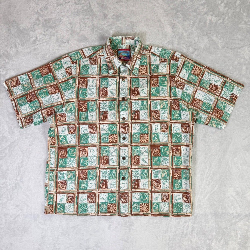 Reyn Spooner Joe Kealohas Shirt Mens Medium Green Tiki Tropical Cotton Button Up